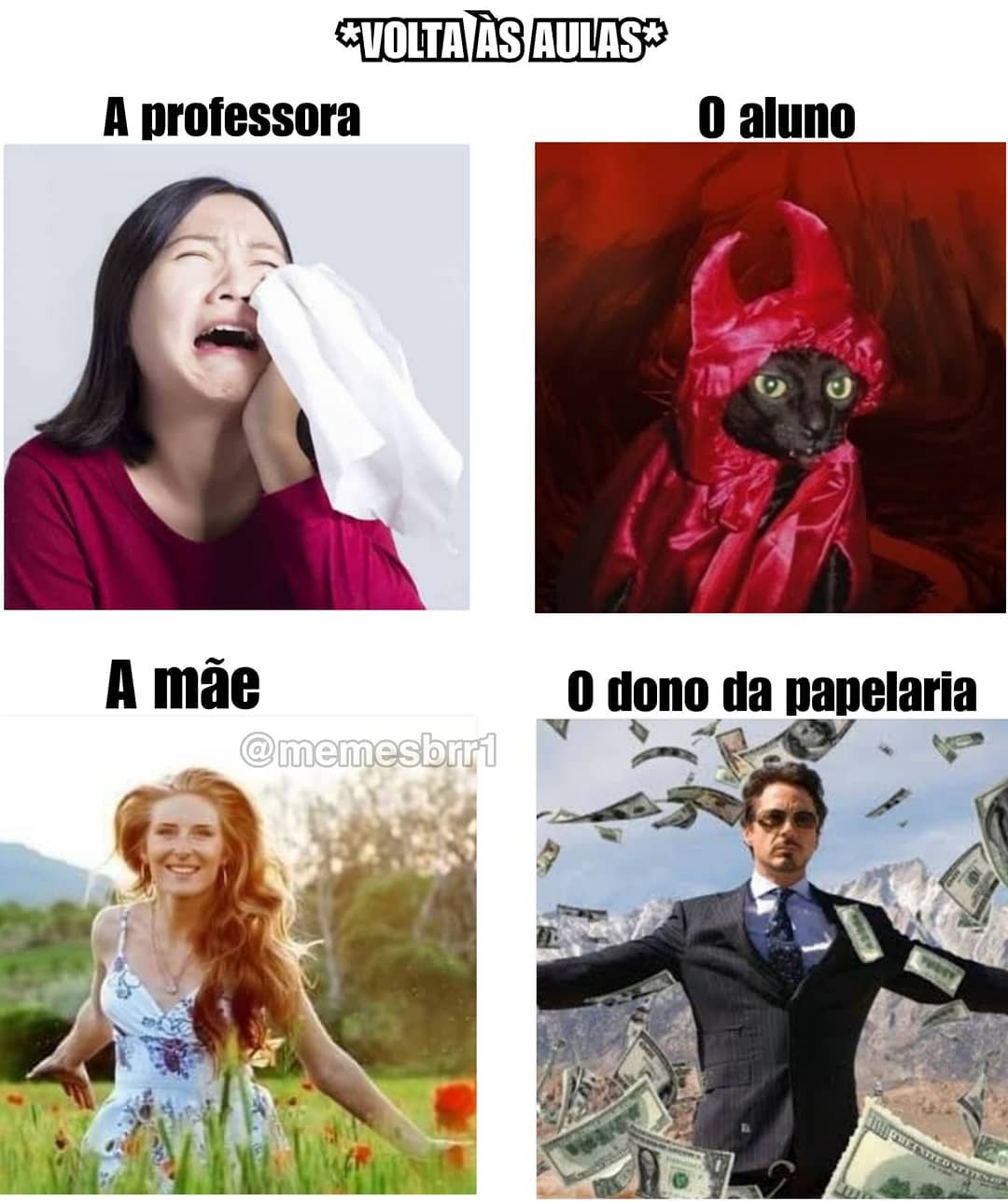 Volta às aulas A professora O aluno A mãe O dono da papelaria Memes