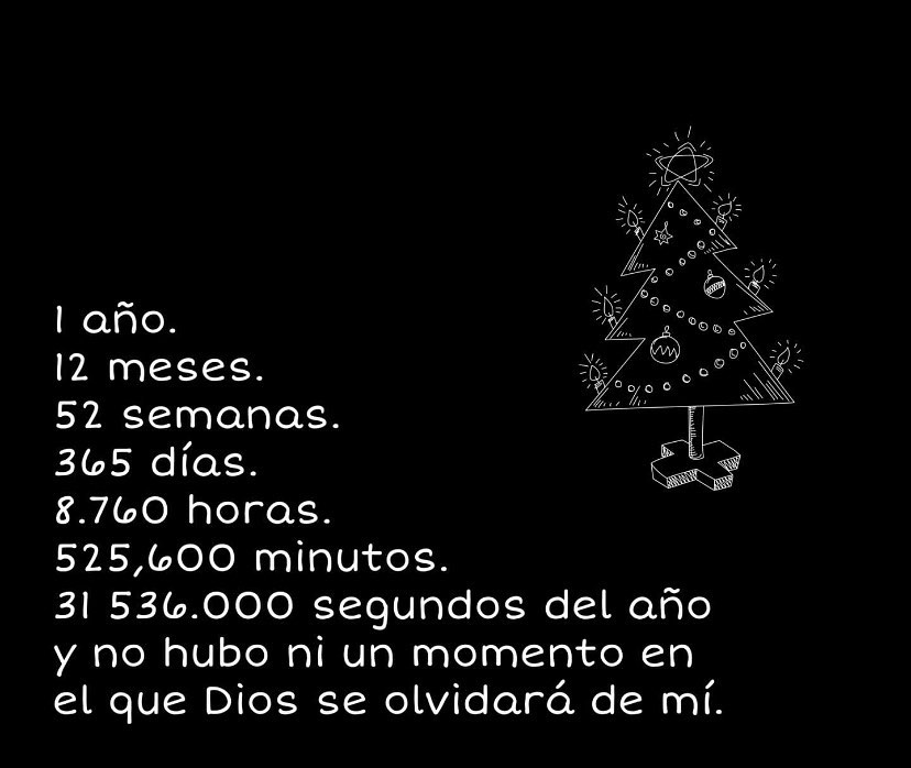 1 año.  12 meses.  52 semanas.  365 días.  8.760 horas.  525,600 minutos.  31 536. 000 segundos del año y no hubo ni un momento en el que Dios se olvidara de mí.