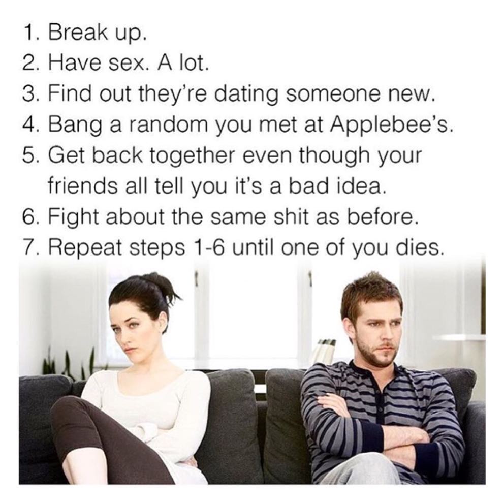 1. Break up. 2. Have sex. A lot. 3. Find out they're dating someone new. 4. Bang a random you met at Applebee's. 5. Get back together even though your friends all tell you it's a bad idea. 6. Fight about the same shit as before. 7. Repeat steps 1-6 until one of you dies.