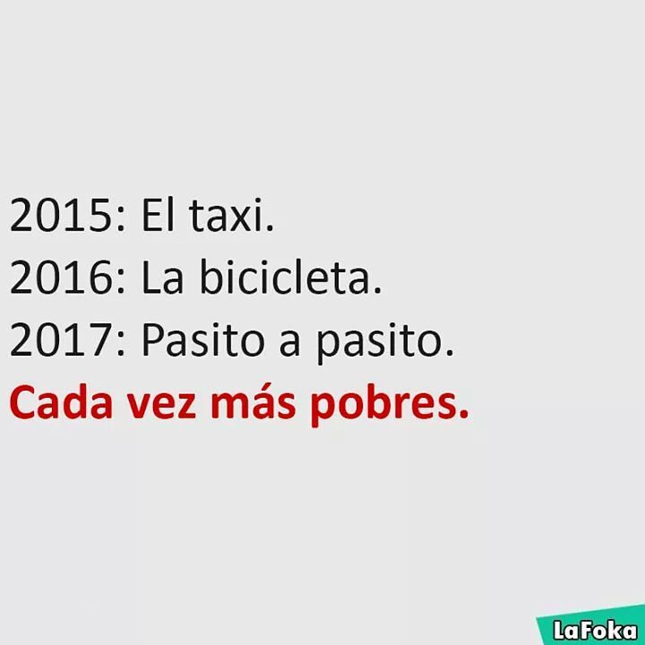 2015: El taxi.  2016: La bicicleta.  2017: Pasito a pasito. Cada vez más pobres.