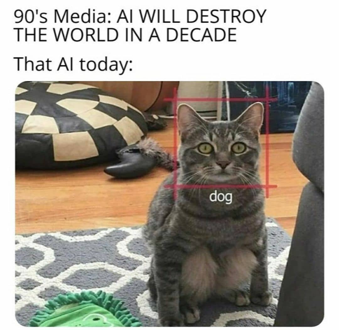 90's Media: AI will destroy the world in a decade.  That AI today: Dog.