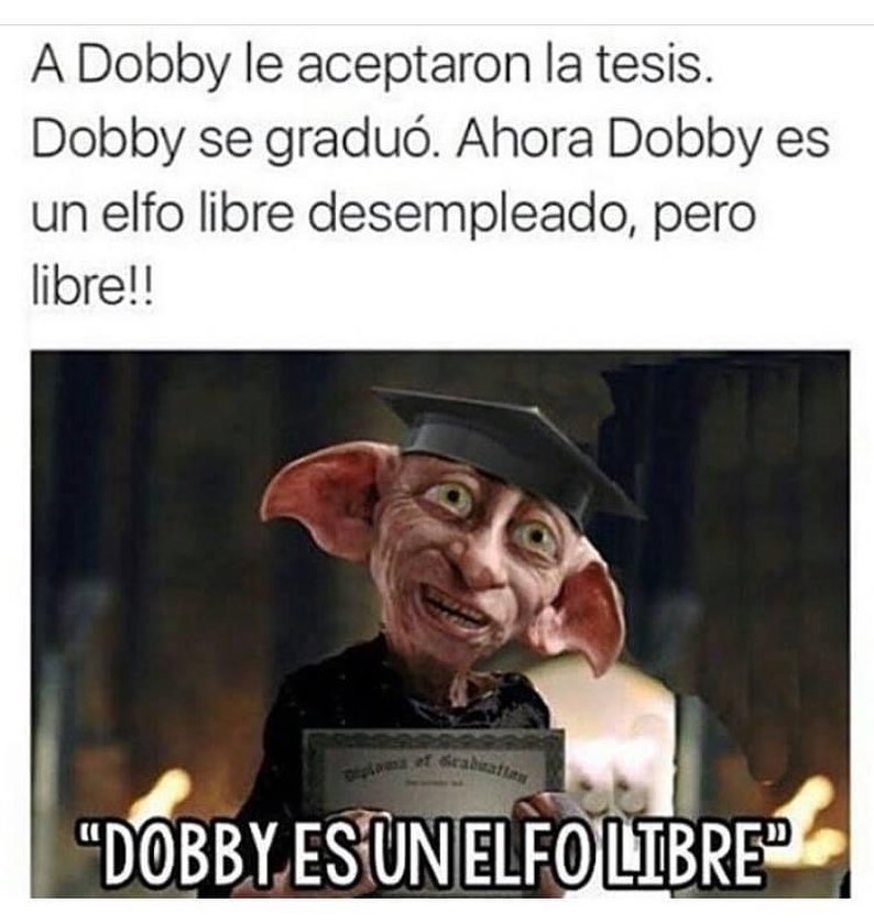 A Dobby le aceptaron la tesis. Dobby se graduó. Ahora Dobby es un elfo libre desempleado, pero libre!! "Dobby es un elfo libre."