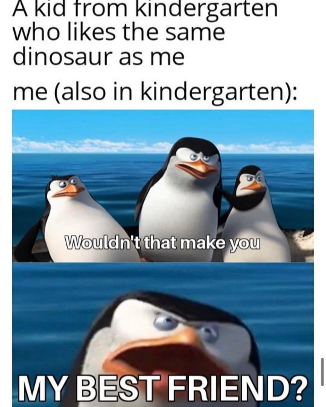 A kid from kindergarten who likes the same dinosaur as me. Me (also in kindergarten): Wouldn't that make you. My best friend?