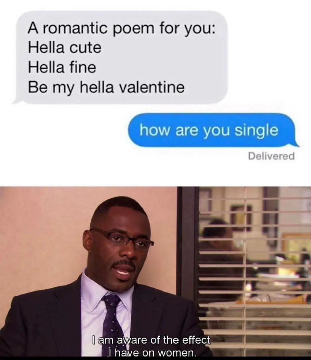 A romantic poem for you: Hella cute. Hella fine. Be my hella valentine. How are you single. I am aware of the effect I have on women.