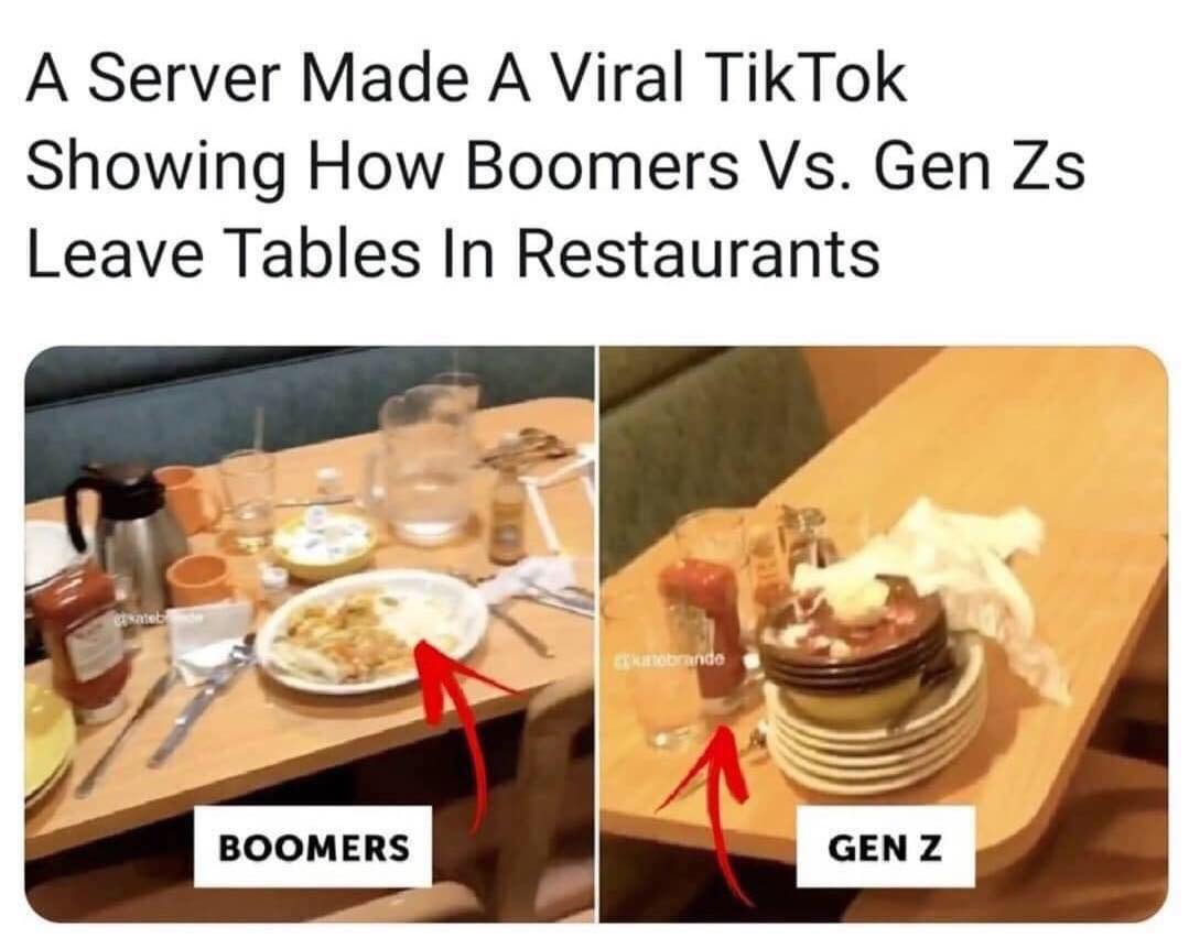 A server made a viral TikTok showing how Boomers Vs. Gen Zs leave tables in restaurants.