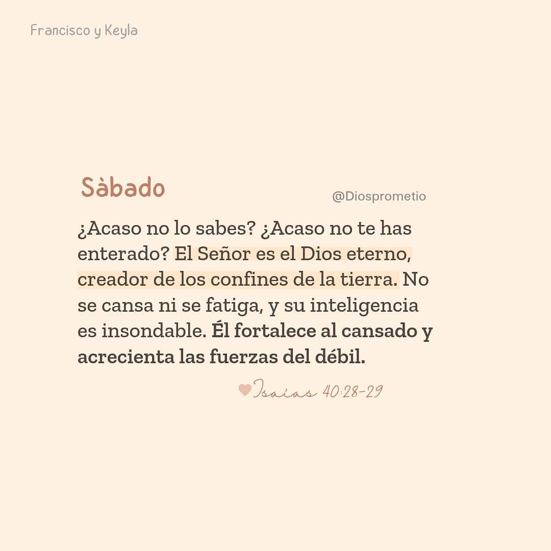 ¿Acaso no lo sabes? ¿Acaso no te has enterado? El Señor es el Dios eterno, creador de los confines de la tierra. No se cansa ni se fatiga, y su inteligencia es insondable. Él fortalece al cansado y acrecienta las fuerzas del débil.