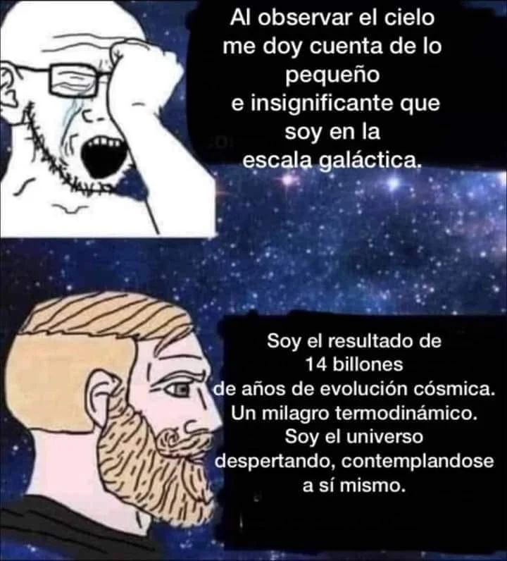 Al observar el cielo me doy cuenta de lo pequeño e insignificante que soy en la escala galáctica, Soy el resultado de 14 billones de años de evolución cósmica. Un milagro termodinámico. Soy el universo despertando, contemplandose a sí mismo.