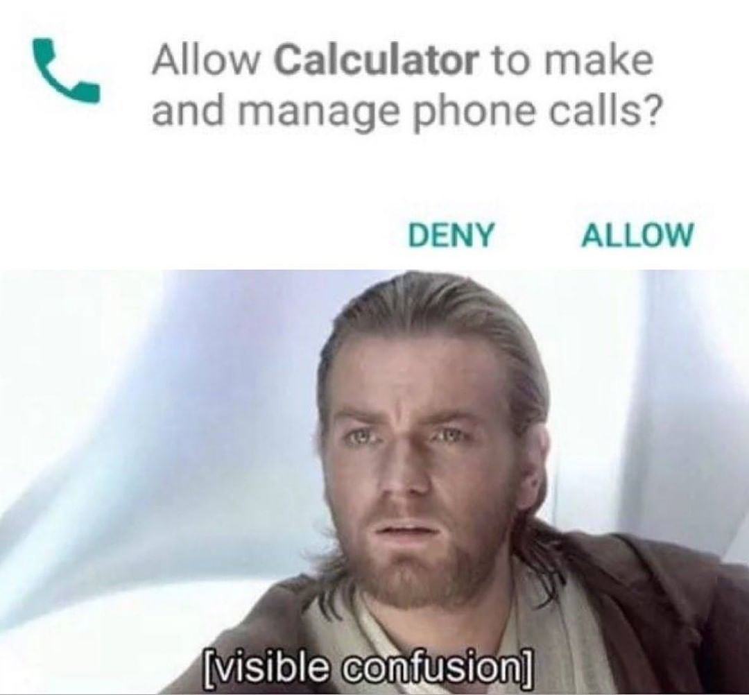 Allow calculator to make and manage phone calls? Deny Allow. [Visible confusion]