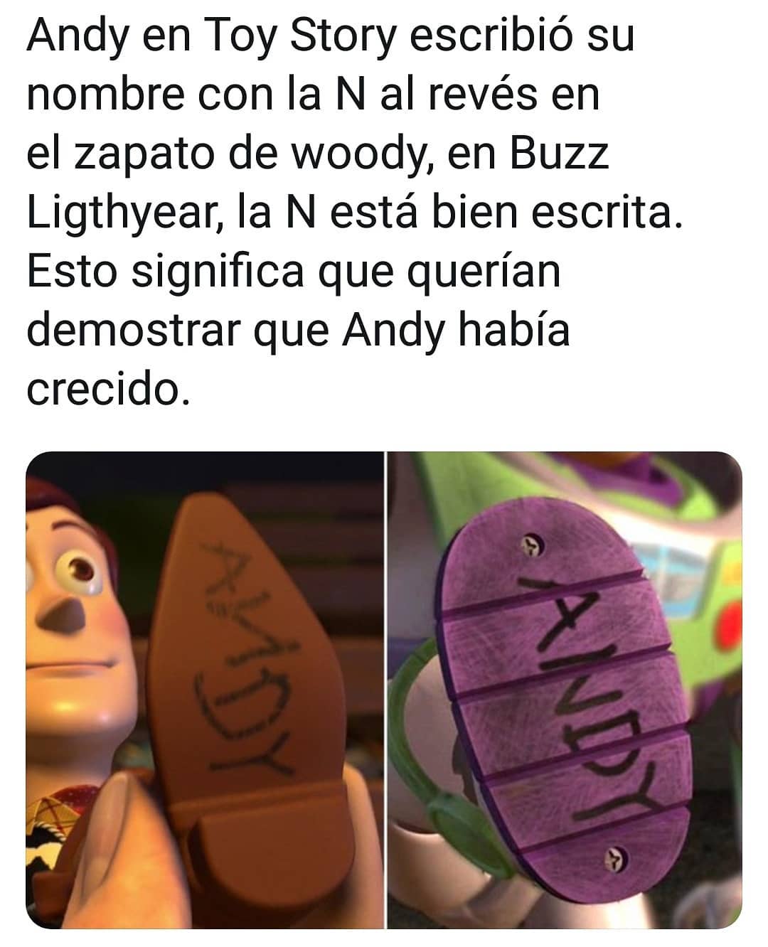 Andy en Toy Story escribió su nombre con la N al revés en el zapato de woody, en Buzz Ligthyear, la N está bien escrita. Esto significa que querían demostrar que Andy había crecido.