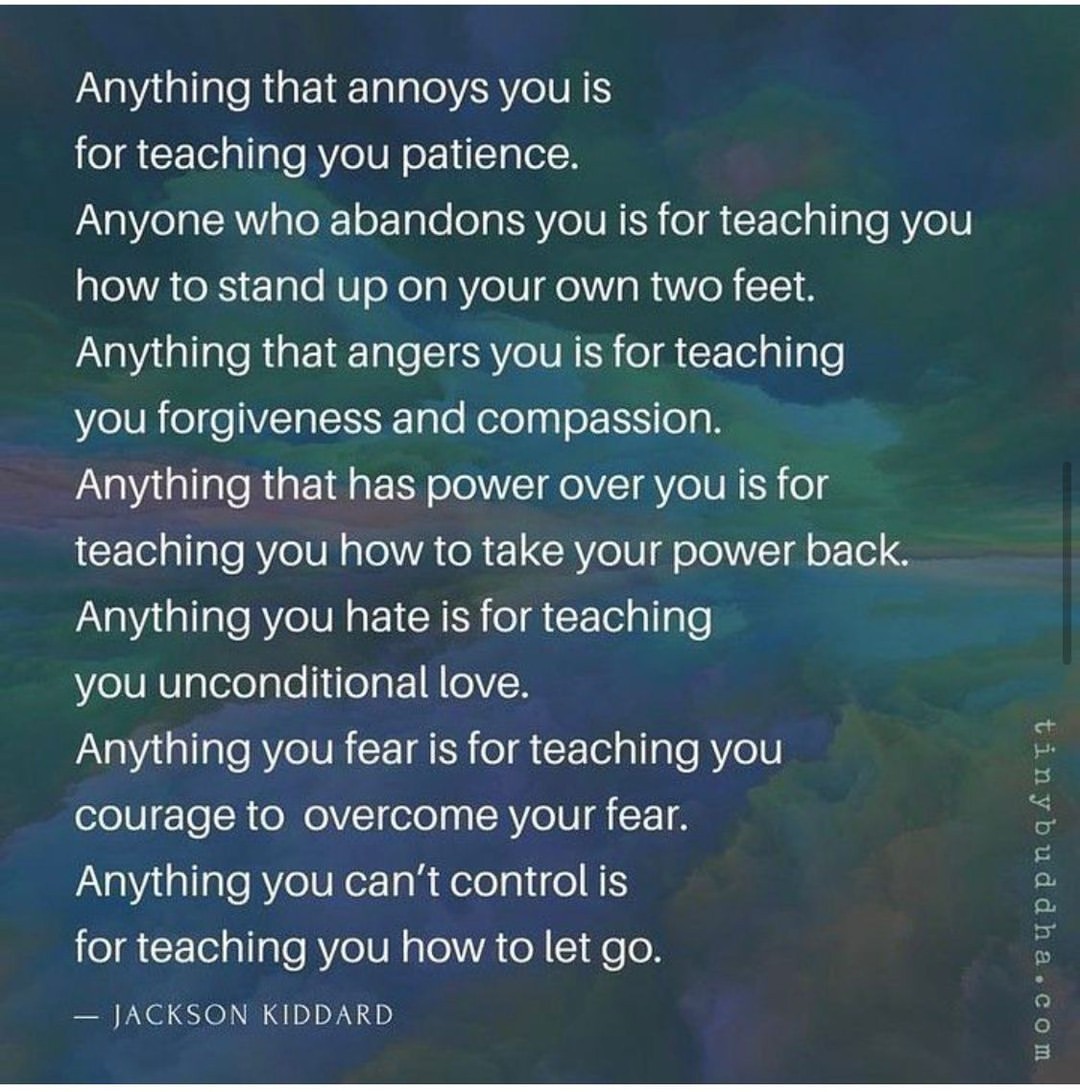 Anything that annoys you is for teaching you patience. Anyone who abandons you is for teaching you how to stand up on your own two feet. Anything that angers you is for teaching you forgiveness and compassion. Anything that has power over you is for teaching you how to take your power back. Anything you hate is for teaching you unconditional love. Anything you fear is for teaching you courage to overcome your fear. Anything you can't control is for teaching you how to let go.