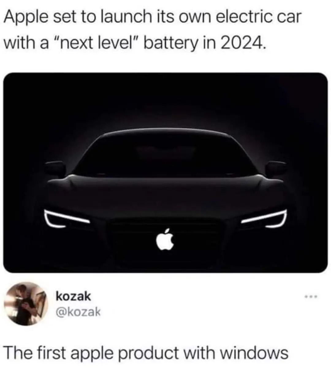 Apple set to launch its own electric car with a "next level" battery in 2024.  The first apple product with windows.