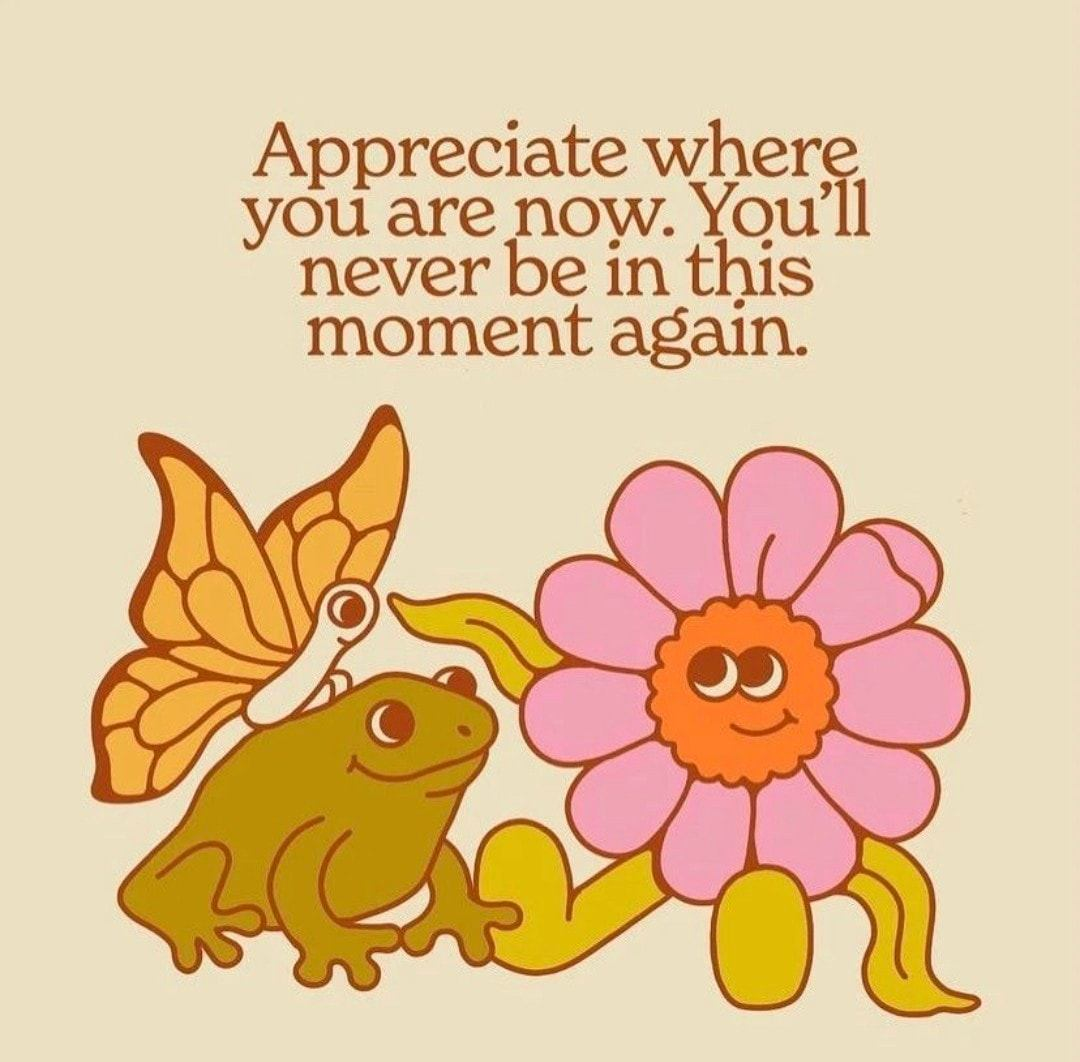 Appreciate where you are now. You'll never be in this moment again.