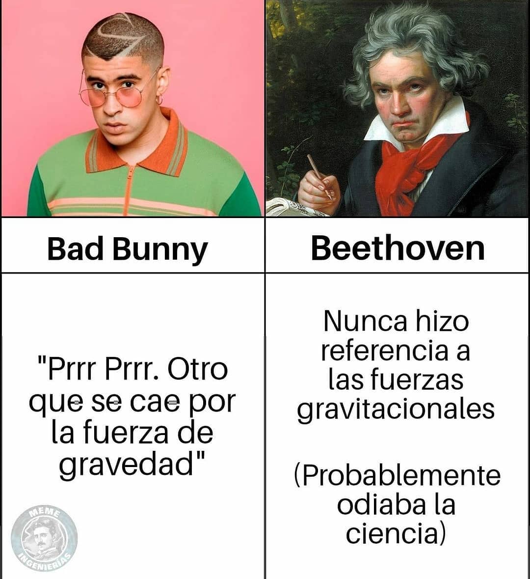 Bad Bunny "Prrr Prrr. Otro que se cae por la fuerza de gravedad".  Beethoven: Nunca hizo referencia a las fuerzas gravitacionales (Probablemente odiaba la ciencia)