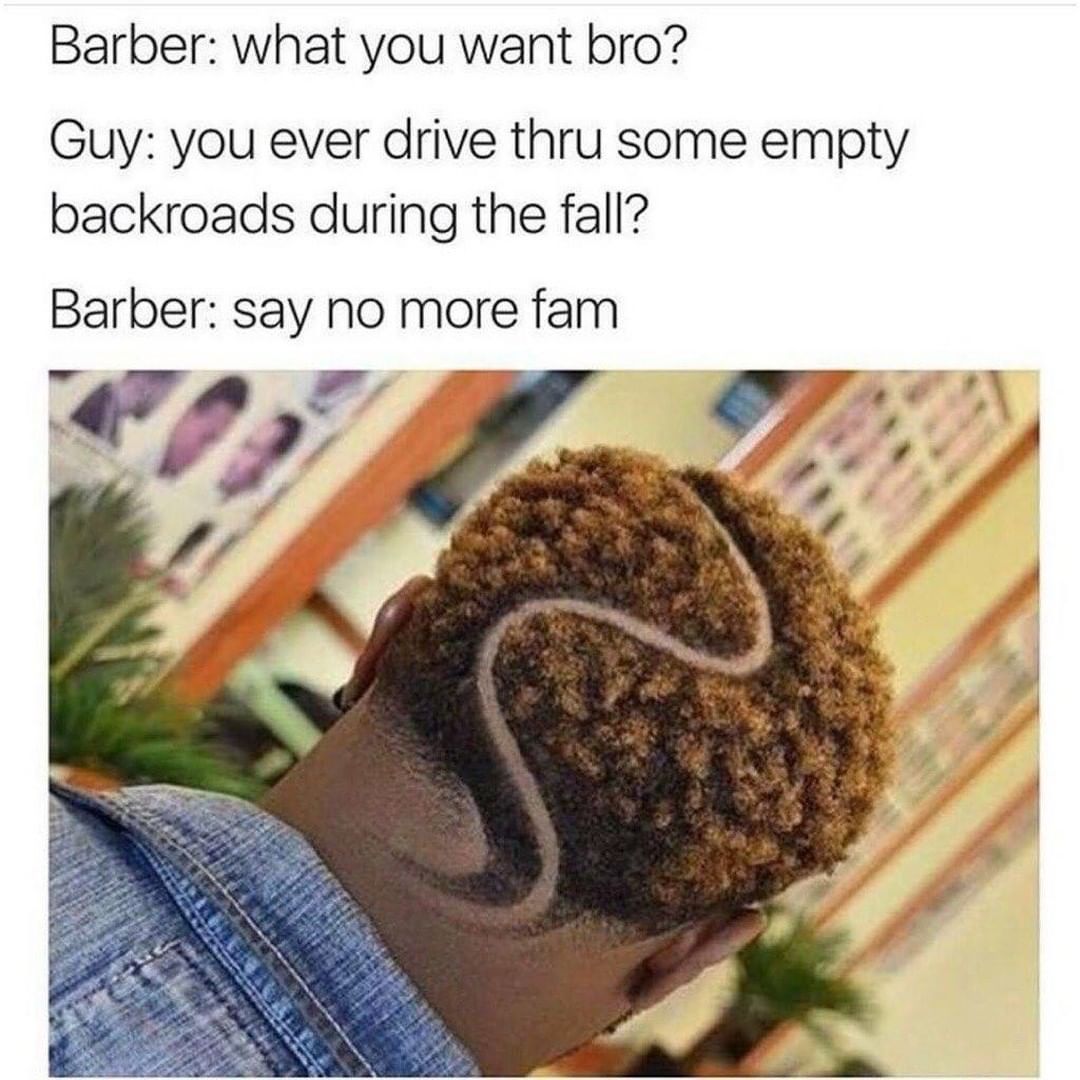 Barber: what you want bro?  Guy: you ever drive thru some empty backroads during the fall?  Barber: say no more fam.