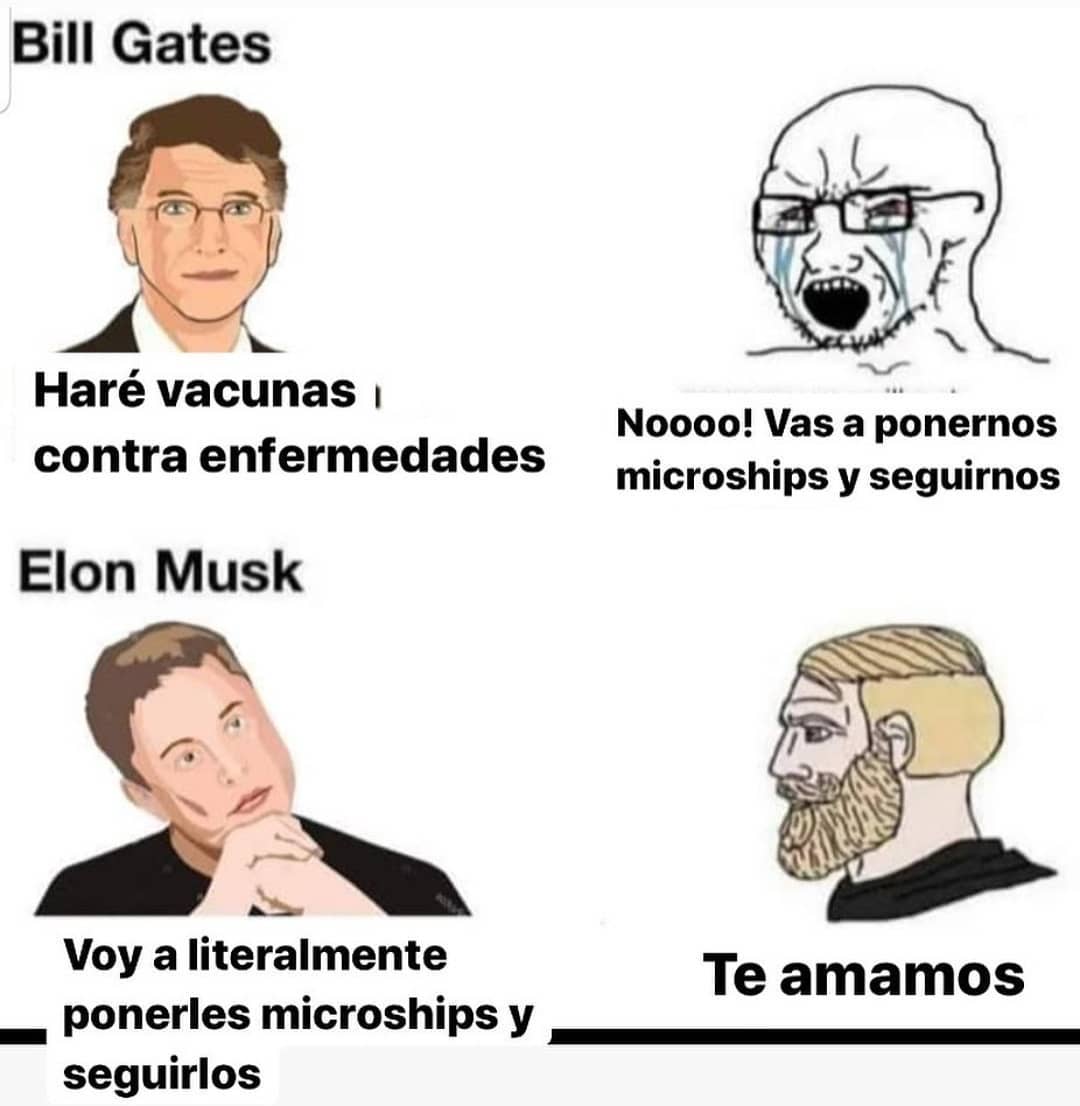 Bill Gates: Haré vacunas contra enfermedades.  Noooo! Vas a ponernos microships y seguirlos.  Elon Musk: Voy a literalmente ponerles microships y seguirlos.  Te amamos.