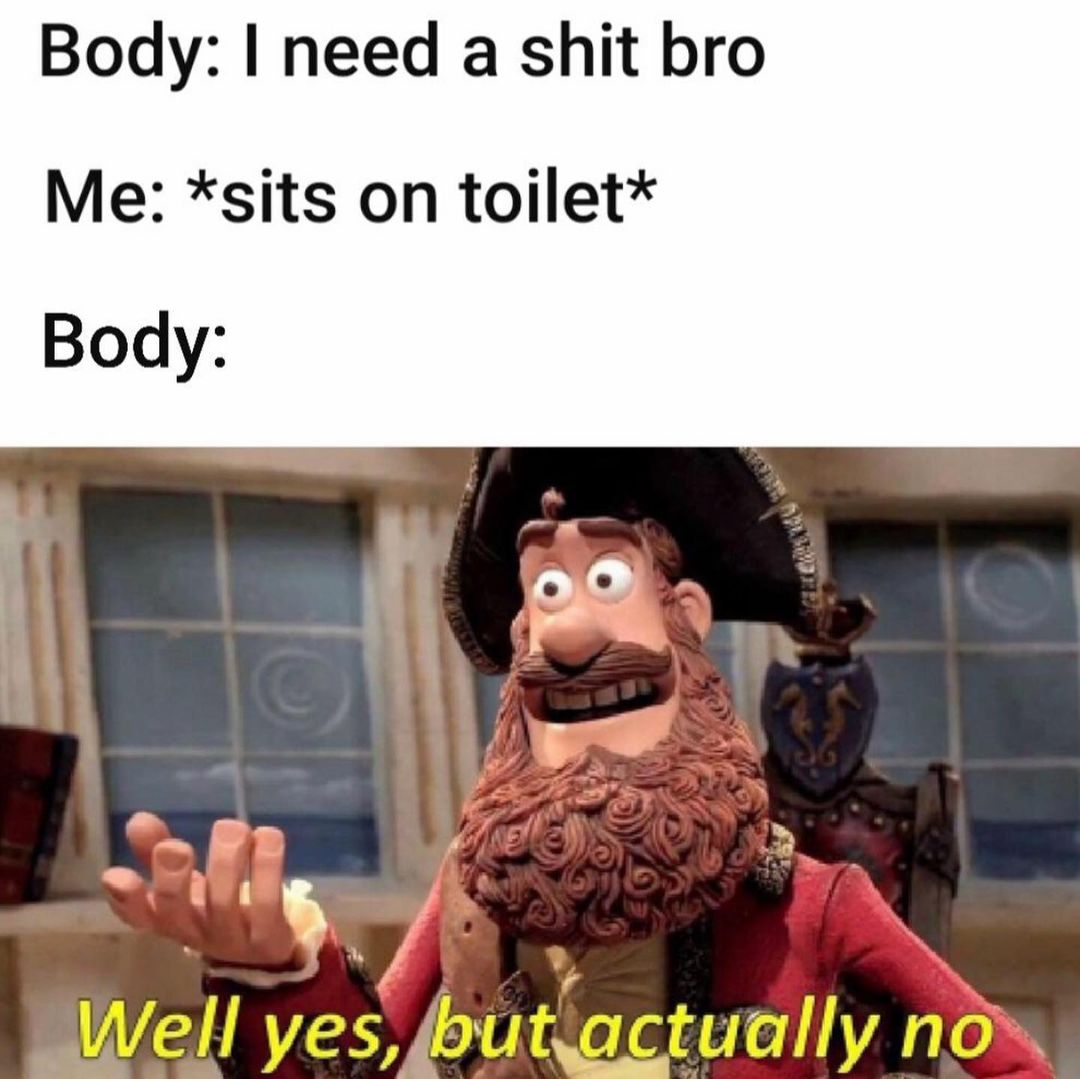 Body: I need a shit bro. Me: *sits on toilet* Body: Well yes, but actually no.