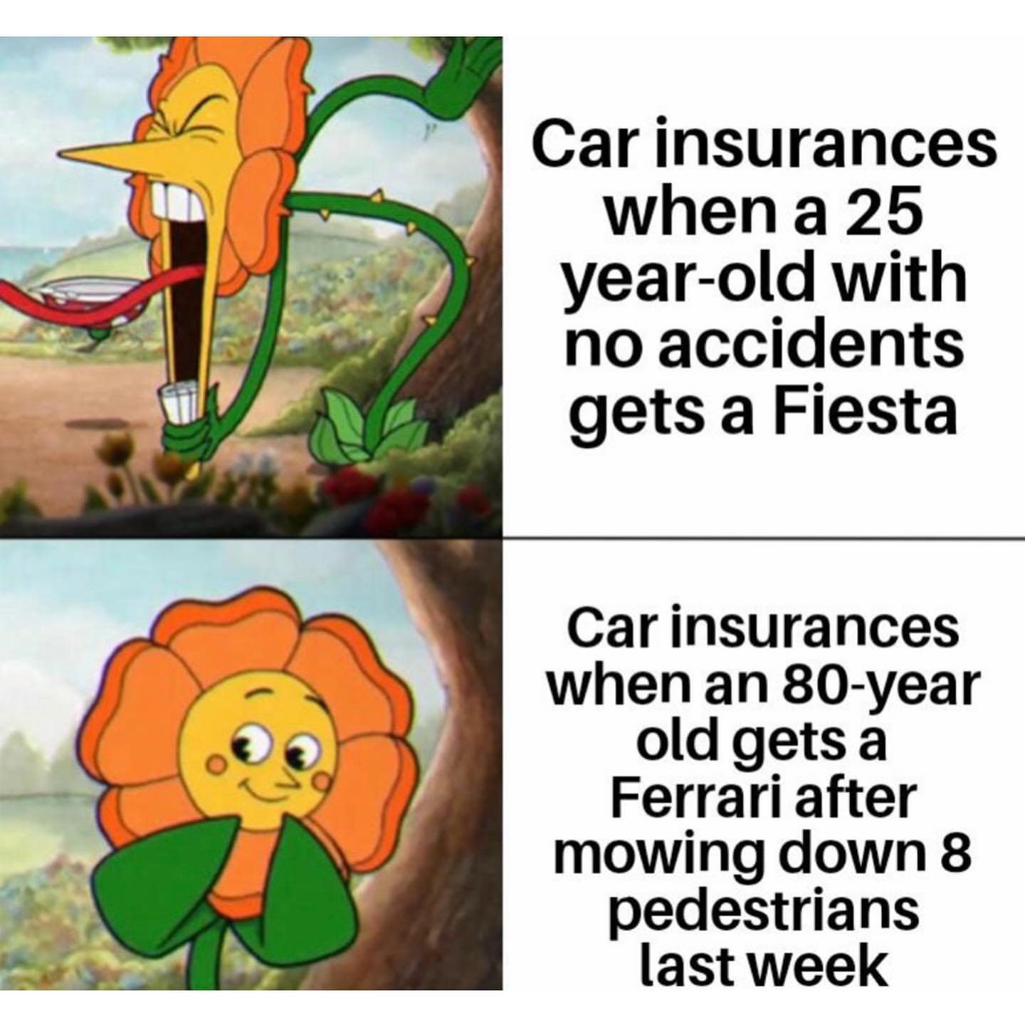 Car insurances when a 25 year-old with no accidents gets a Fiesta. Car insurances when an 80-year old gets a Ferrari after mowing down 8 pedestrians last week.