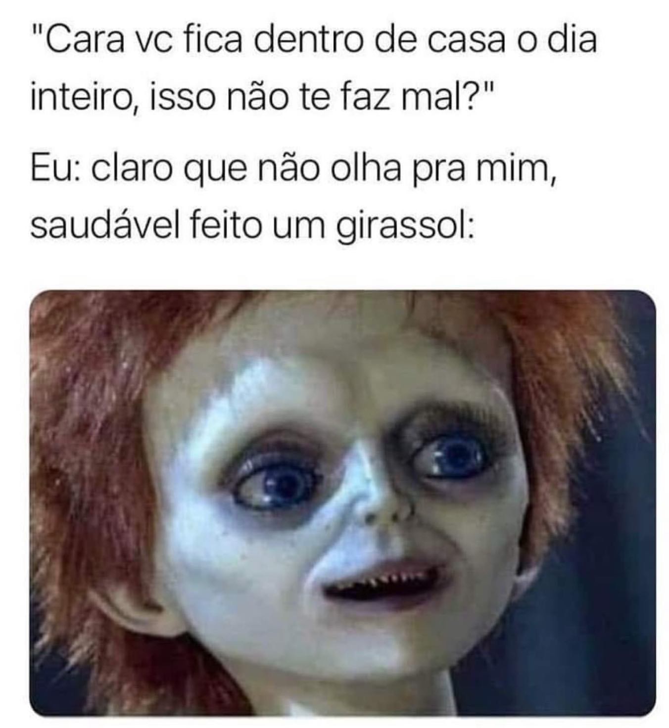 Cara vc fica dentro de casa o dia inteiro, isso não te faz mal? Eu: claro que não olha pra mim, saudável feito um girassol: