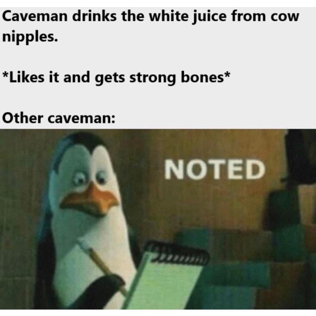 Caveman drinks the white juice from cow nipples. *Likes it and gets strong bones* Other caveman: Noted.
