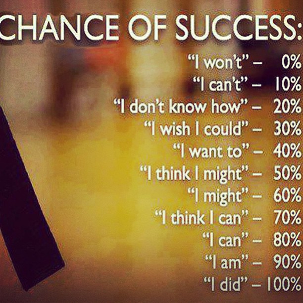 Chance of success:  I won't - 0%  I can't - 10%  I don't know how - 20%  I wish I could - 30%  I want to - 40%  I think I might - 50%  I might - 60%  I think I can - 70%  I can - 80%  I am - 90%  I did - 100%