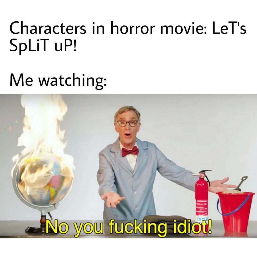 Characters in horror movie: Let's split up! Me watching: No you fucking idiot!