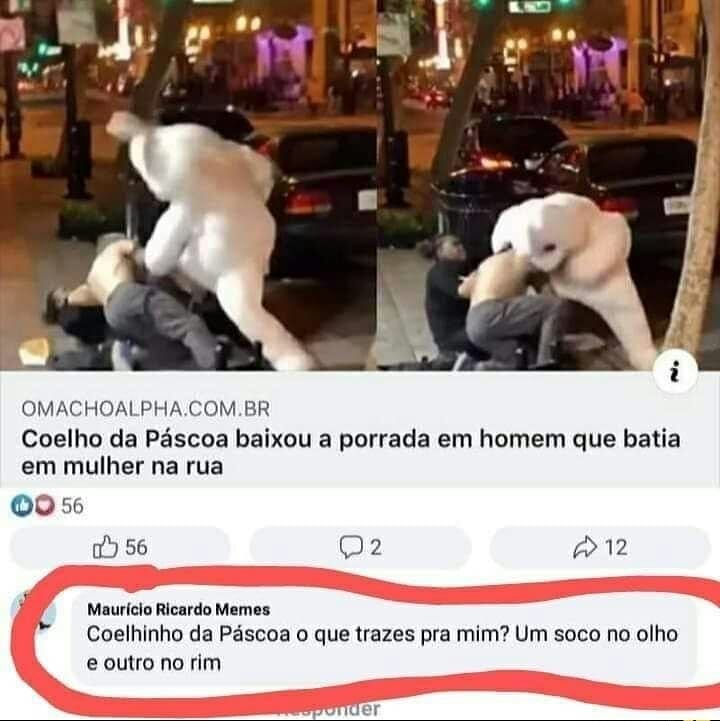 Coelho da Páscoa baixou a porrada em homem que batia em mulher na rua.  Coelhinho da Páscoa o que trazes pra mim? Um soco no olho e outro no rim.