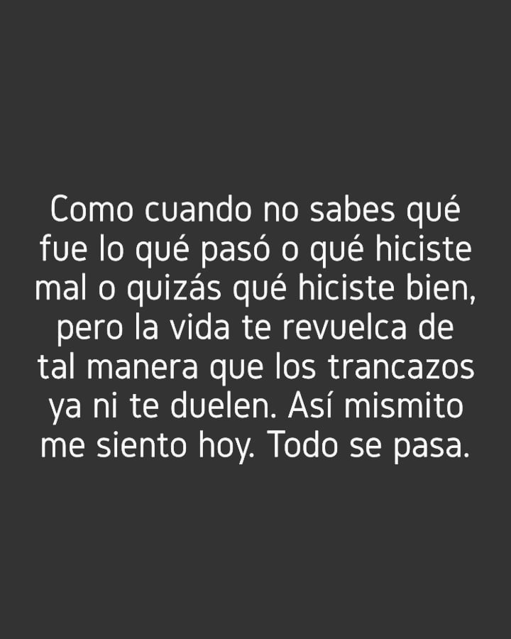 Como cuando no sabes qué fue lo qué pasó o qué hiciste mal o quizás qué hiciste bien, pero la vida te revuelca de tal manera que los trancazos ya ni te duelen. Así mismito me siento hoy. Todo se pasa.