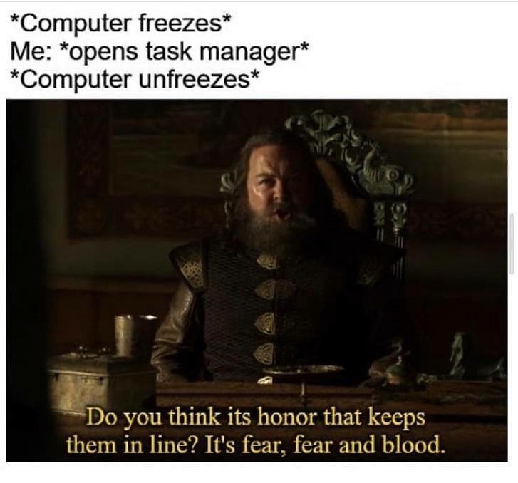 *Computer freezes* Me: *opens task manager* *Computer unfreezes* Do you think its honor that keeps them in line? It's fear, fear and blood.