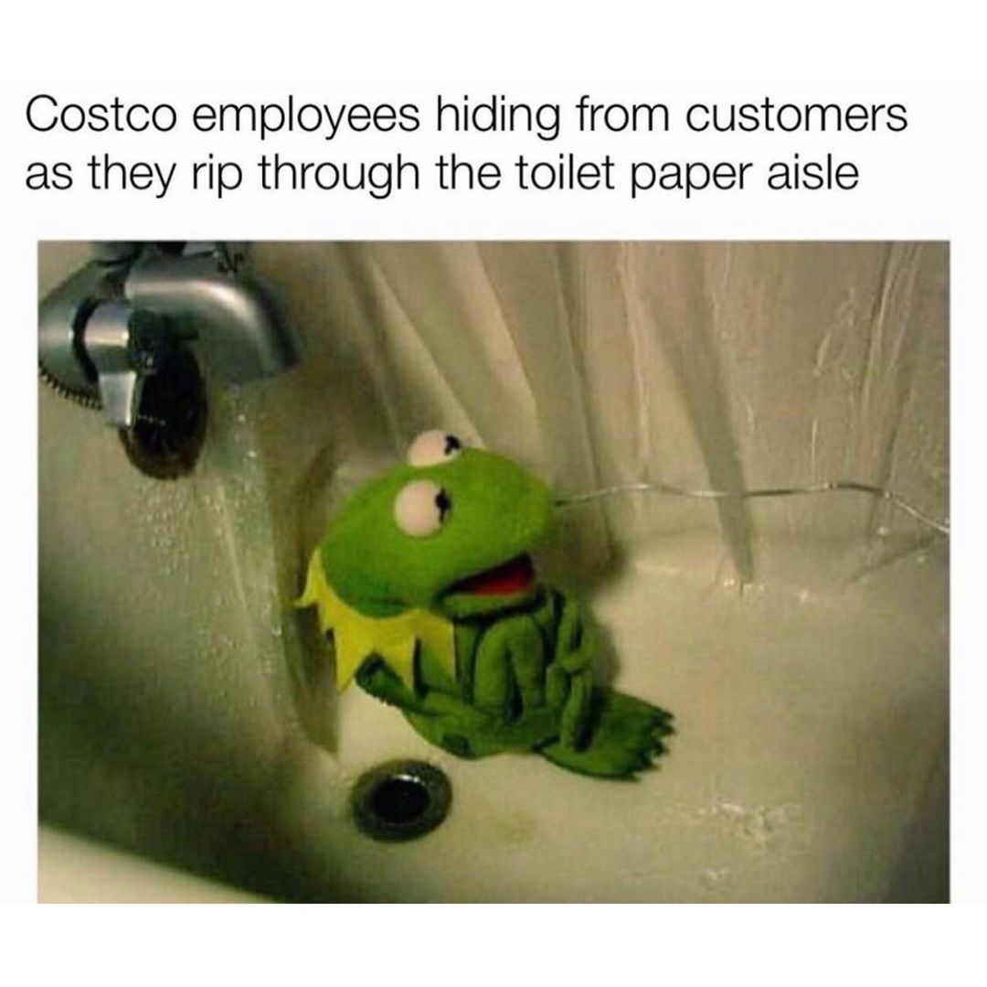 Costco employees hiding from customers as they rip through the toilet paper aisle.