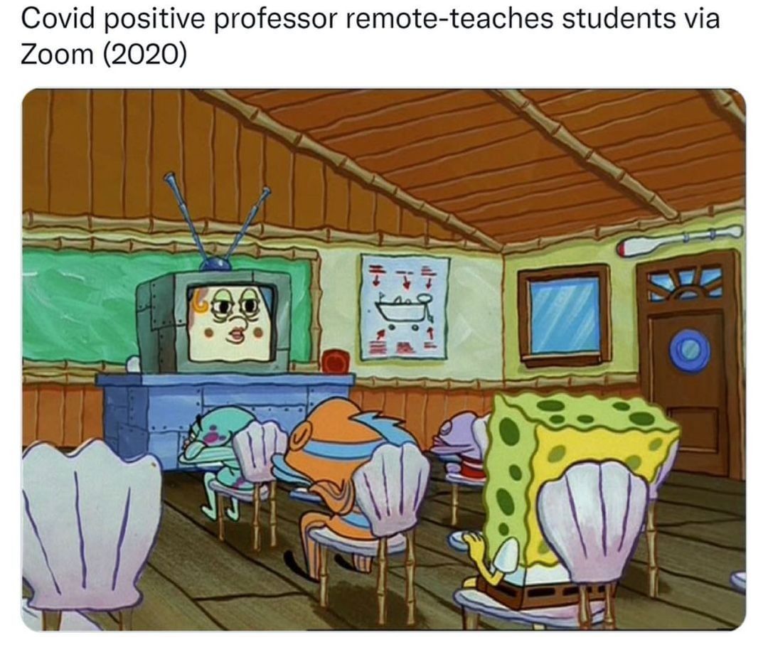 Covid positive professor remote-teaches students via Zoom (2020).