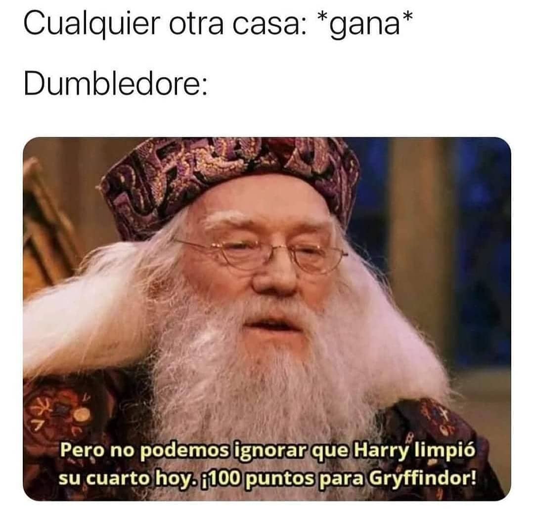 Cualquier otra casa: *gana*.  Dumbledore: Pero no podemos ignorar que Harry limpió su cuarto hoy. ¡100 puntos para Gryffindor!