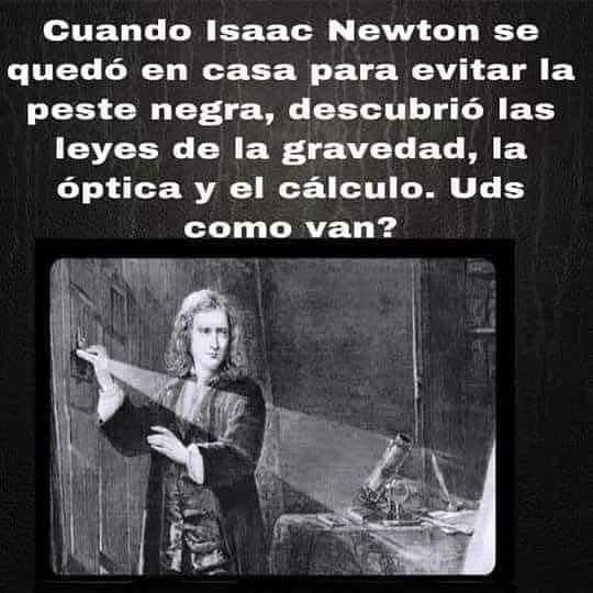 Cuando Isaac Newton se quedó en casa para evitar la peste negra, descubrió las leyes de la gravedad, la óptica y el cálculo. Uds como van?