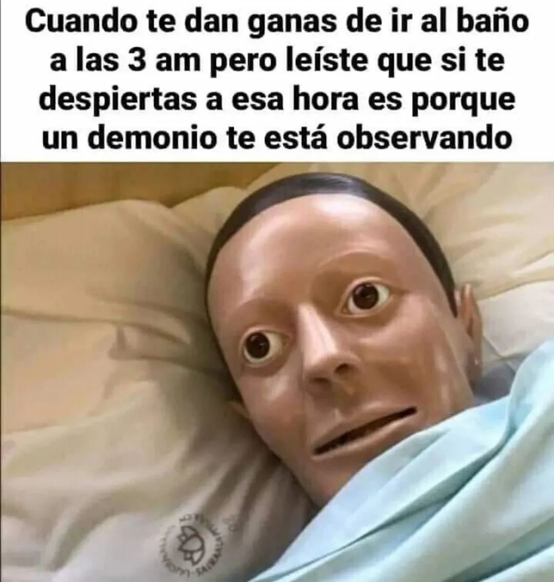 Cuando te dan ganas de ir al baño a las 3 am pero leíste que si te despiertas a esa hora es porque un demonio te está observando.