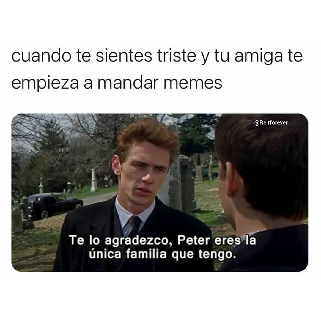 Cuando te sientes triste y tu amiga te empieza a mandar memes. Te lo agradezco, Peter eres la única familia que tengo.