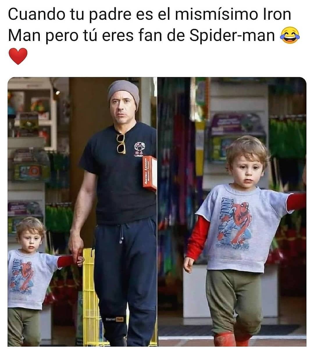 Cuando tu padre es el mismísimo Iron Man pero tú eres fan de Spider-man.