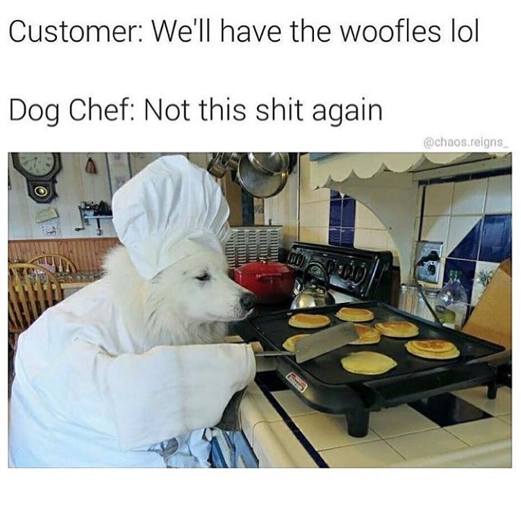 Customer: We'll have the woofles lol. Dog Chef: Not this shit again.