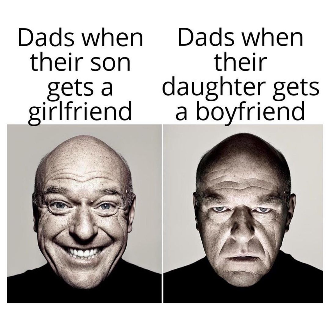 Dads when their son gets a girlfriend. Dads when their daughter gets a boyfriend.