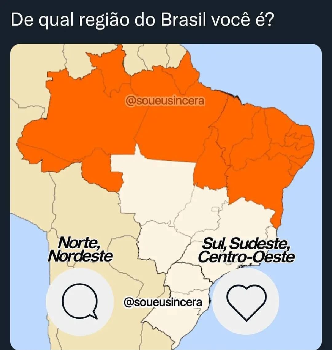 De qual região do Brasil você é? Norte, Nordeste Sul, Sudeste, Centro-Oeste.