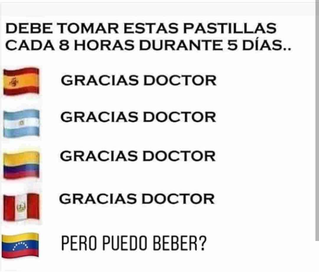 Debe tomar estas pastillas cada 8 horas durante 5 días...  España: Gracias doctor.  Argentina: Gracias doctor.  Colombia: Gracias doctor.  Perú: Gracias doctor.  Venezuela: Pero puedo beber?