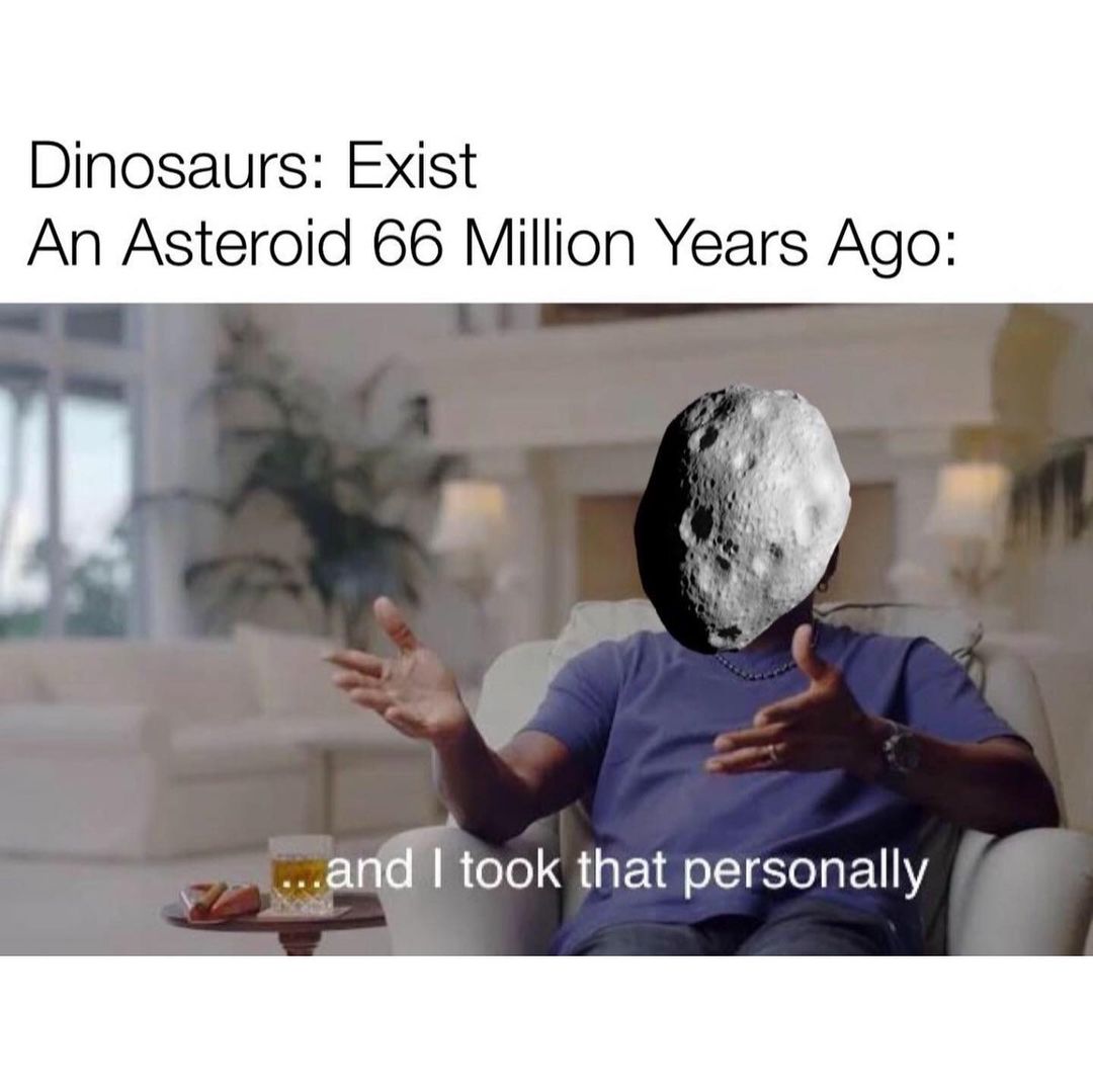 Dinosaurs: Exist. An asteroid 66 million years ago: ...and I took that personally.