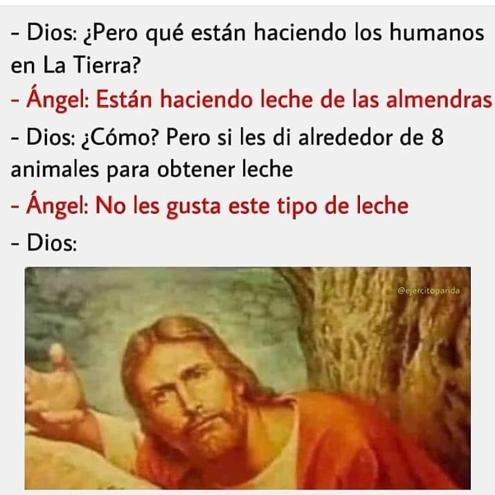 Dios: ¿Pero qué están haciendo los humanos en La Tierra?  Ángel: Están haciendo leche de las almendras.  Dios: ¿Cómo? Pero si les di alrededor de 8 animales para obtener leche.  Ángel: No les gusta este tipo de leche.  Dios: