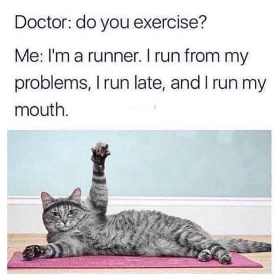 Doctor: do you exercise?  Me: I'm a runner. I run from my problems, I run late, and I run my mouth.