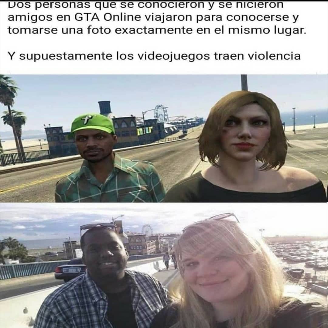 Dos personas que se conocieron y se hicieron amigos en GTA online viajaron para conocerse y tomarse una foto exactamente en el mismo lugar. Y supuestamente los videojuegos traen violencia.