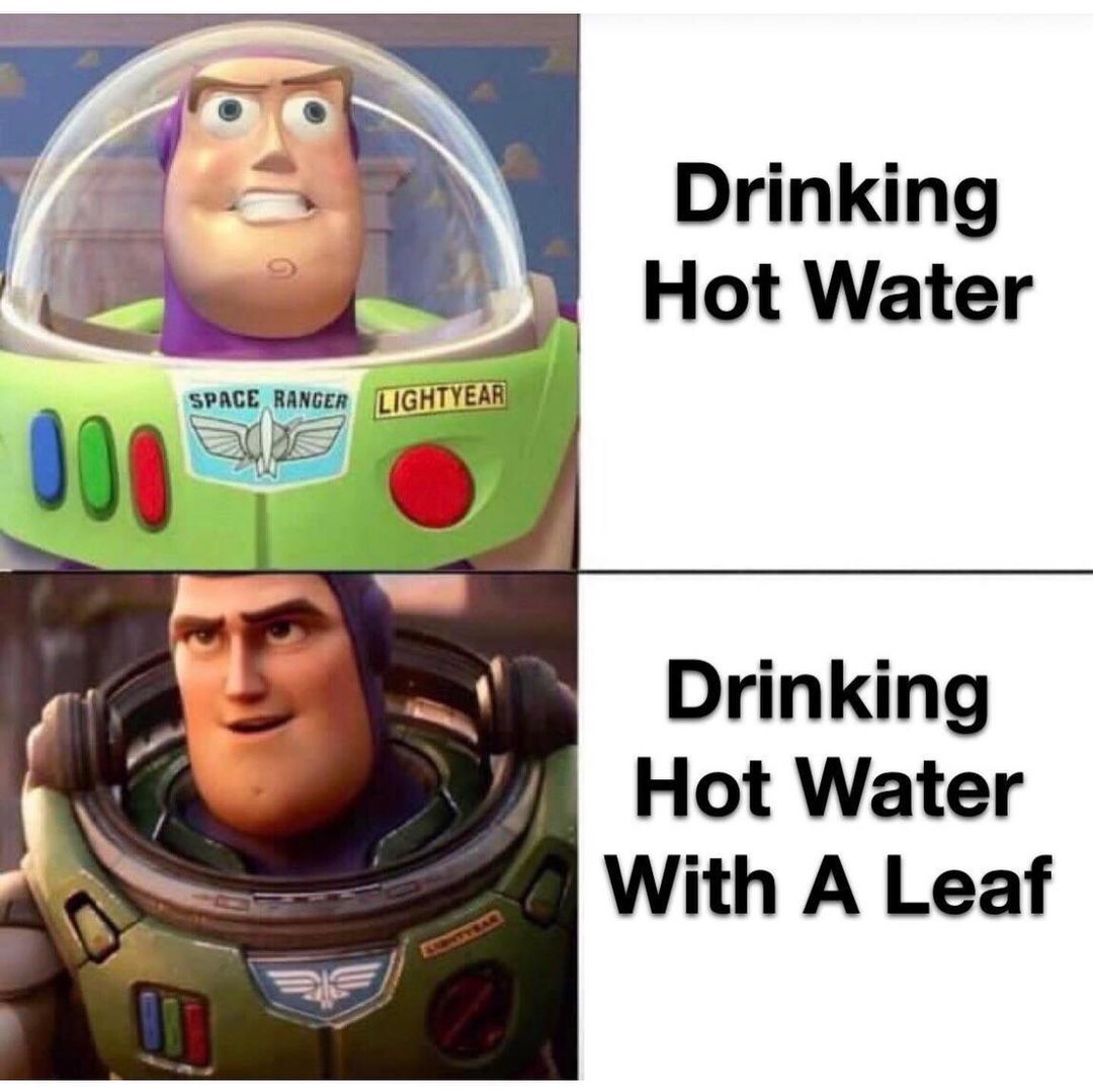 Drinking hot water. Drinking hot water with a leaf.