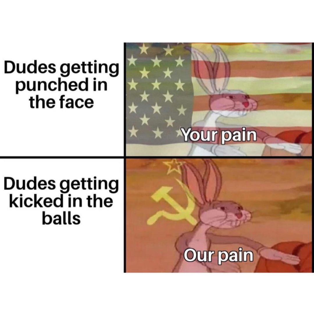 Dudes getting punched in the face: Your pain. Dudes getting kicked in the balls: Our pain.