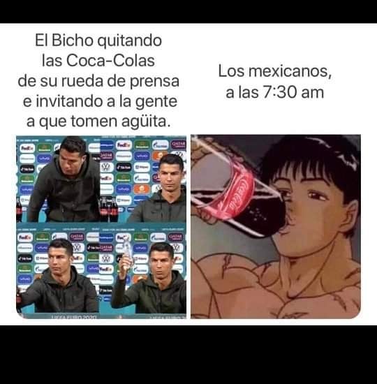 El Bicho quitando las Coca-Colas de su rueda de prensa e invitando a la gente a que tomen agüita. Los mexicanos, a las 7:30 am.