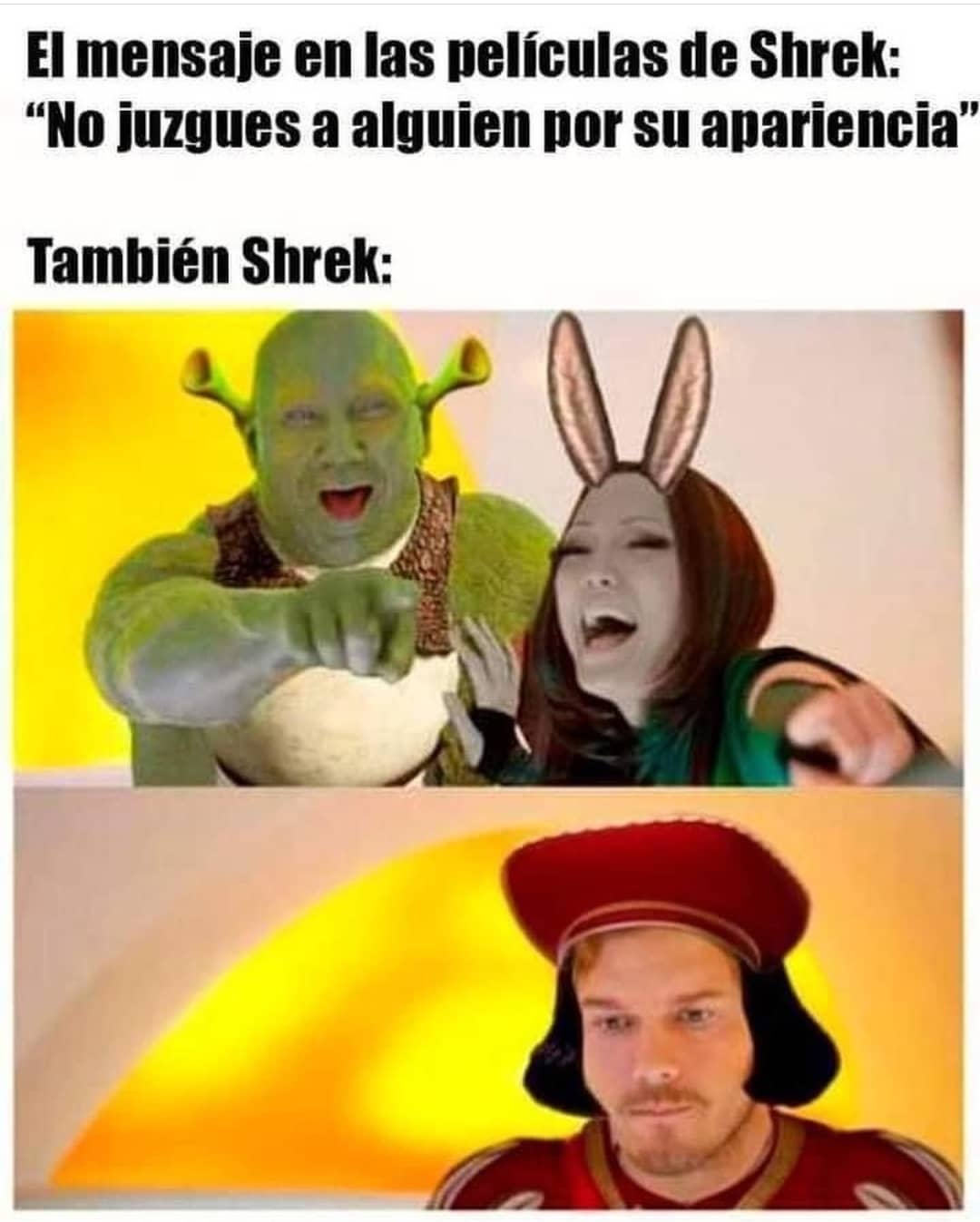 El mensaje en las películas de Shrek: "No juzgues a alguien por su apariencia".  También Shrek: