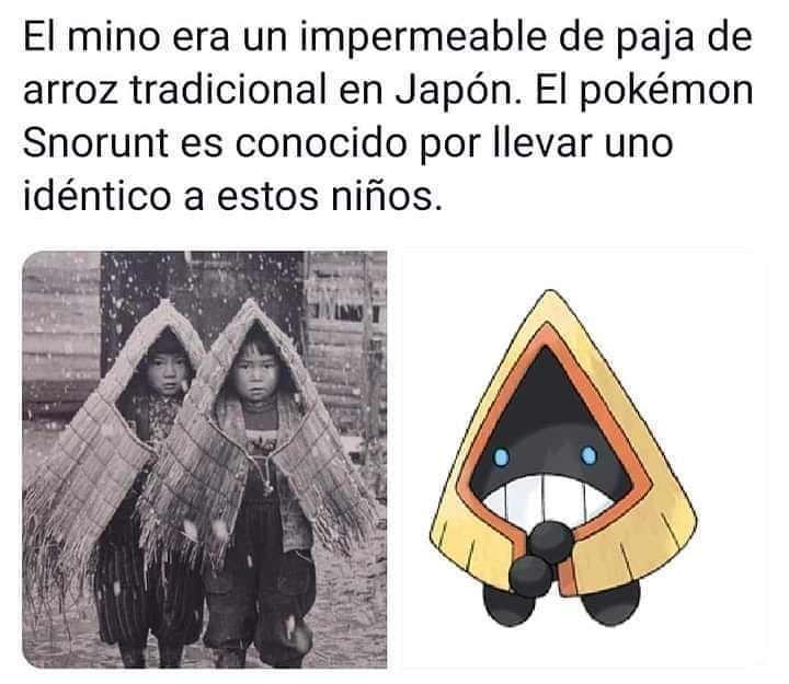 El mino era un impermeable de paja de arroz tradicional en Japón. El pokémon Snorunt es conocido por llevar uno idéntico a estos niños.