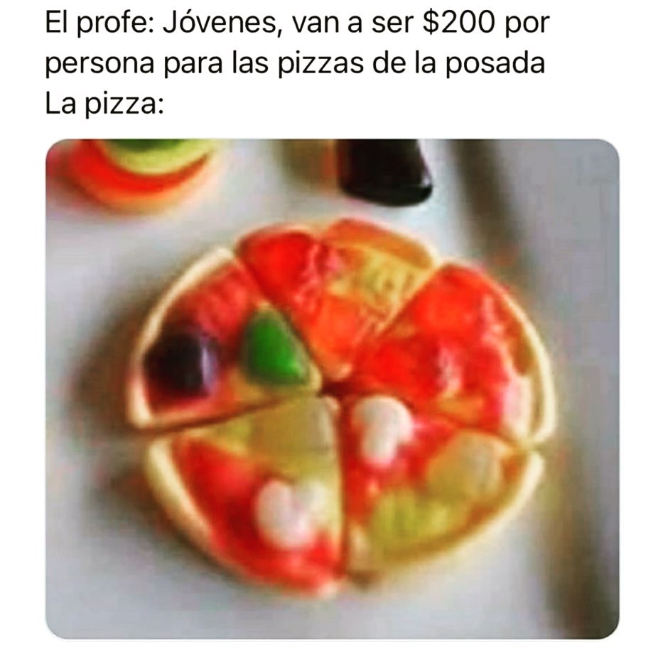 El profe: Jóvenes, van a ser $200 por persona para las pizzas de la posada.  La pizza: