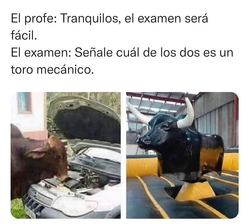 El profe: Tranquilos, el examen será fácil.  El examen: Señale cual de los dos es un toro mecánico.
